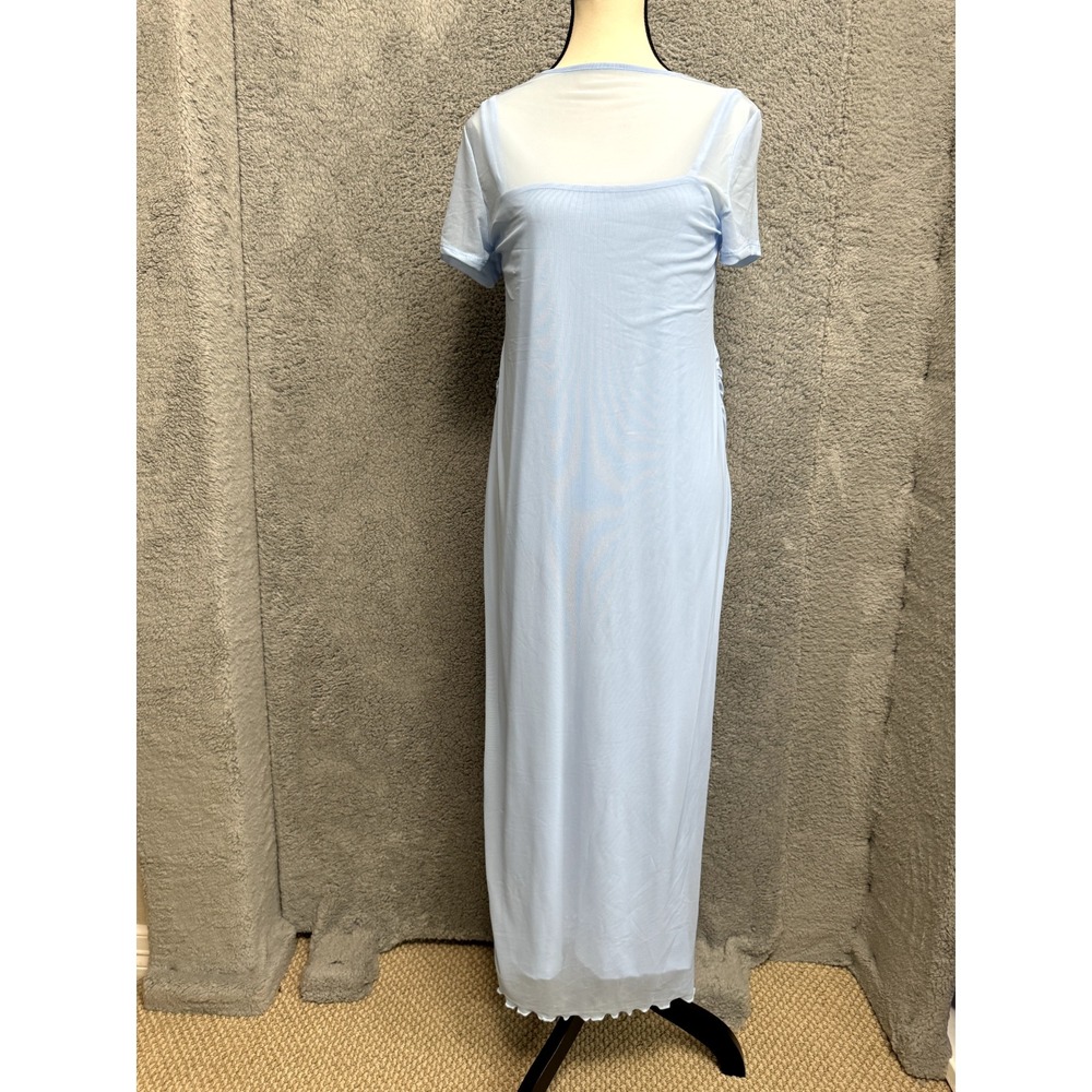 Sheer Maxi Dress Women Large Blue Slip Ruched Fairycore Fairy Ethereal Whimsical